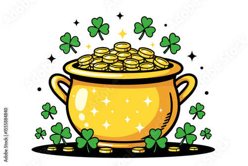 St. Patrick's Day Pot of Gold with Shamrock Leaves, Vector Illustration for Celebrations and Luck