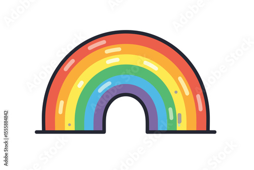 Colorful Rainbow Illustration with Black Outline and Glossy Highlights on White Background
