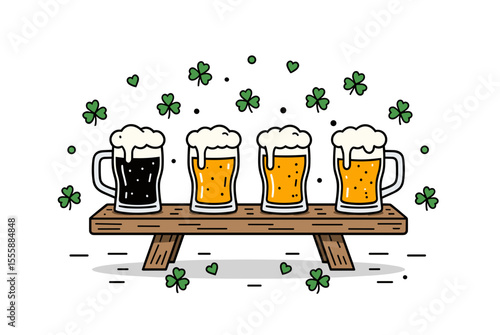 St. Patrick's Day Beer Flight Illustration with Shamrock Accents on a Wooden Board