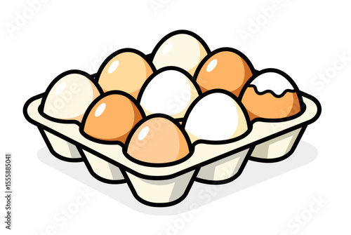 Cartoon Illustration of a Carton of Eggs with Brown and White Shells, One Cracked