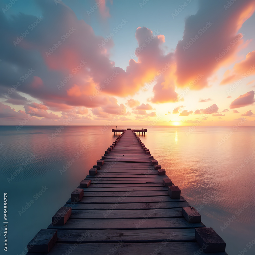 Fototapeta premium Sunset over wooden pier on calm lake with vibrant sky and clouds