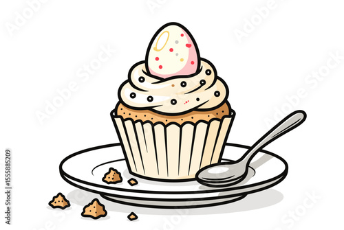 Delicious Creamy Cupcake with Easter Egg Decoration on a White Plate Illustration