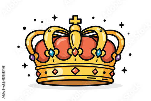 Ornate Golden Crown with Jewels and Cross, Royalty Symbol Illustration on White Background