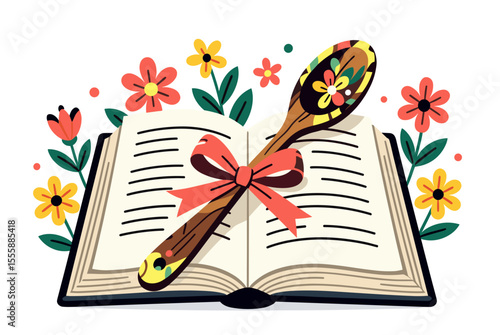 Open Book with Decorated Wooden Spoon and Floral Accents Illustration for Recipe or Storytelling Concept