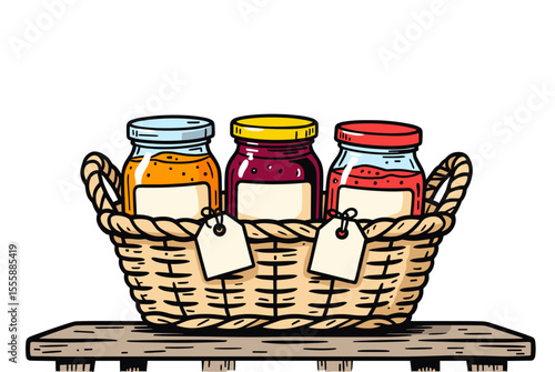Three Jars of Jam in a Woven Basket on a Wooden Shelf Illustration, Food Product Presentation