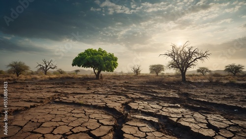 Global Warming and human waste ,Pollution Concept - Sustainability. showing the effect of arid land with tree changing environment, Concept of climate change. Sky background, different weather
