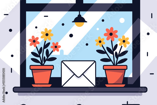 Cozy Window Scene with Flowers, Envelope, and Light, Flat Vector Illustration