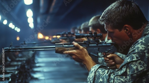 Soldiers training in marksmanship exercises at a high-tech military shooting range