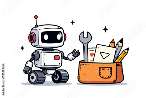 Cartoon Robot Standing Next to a Toolbox Filled with Tools and Playing Cards Illustration
