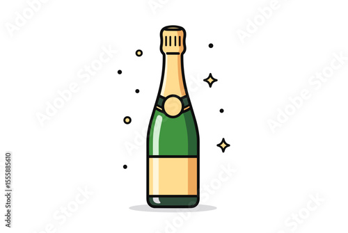 Elegant Green Champagne Bottle with Gold Label and Sparkling Accents Vector Illustration