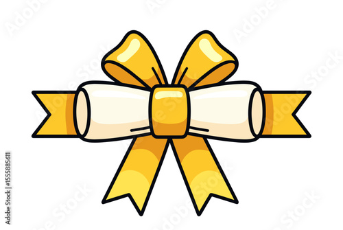 Cartoon Illustration of a Diploma Scroll Tied with a Decorative Yellow Ribbon for Graduation Ceremony