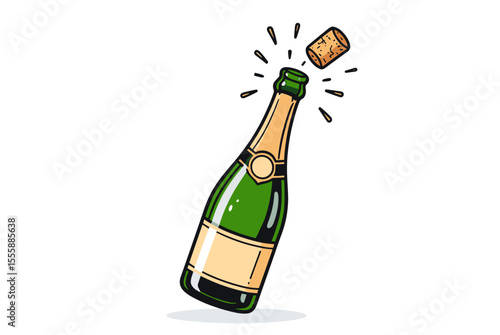 Illustration of a Green Champagne Bottle with Popping Cork, Celebrating a Special Occasion