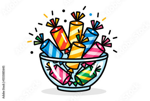 Festive Candy Crackers in a Bowl Illustration, Colorful Treats for Celebration and Holiday Events