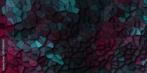 Dark Multicolor Broken Stained Glass Background with dark lines. Voronoi diagram background. Seamless pattern with 3d shapes vector Vintage Illustration background. Geometric Retro tiles pattern