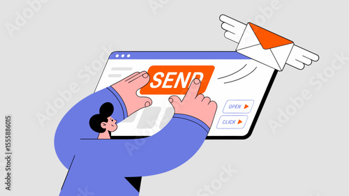 marketer launching an email campaign by pressing a send button, vector illustration for a newsletter blast, digital communication and direct marketing