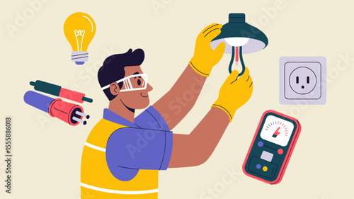 electrician in safety gear installing a light fixture, vector illustration for electrical work, home repair and power maintenance service