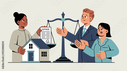 lawyer mediating between government agent and homeowner over property seizure, vector illustration for eminent domain, just compensation negotiation and real estate law