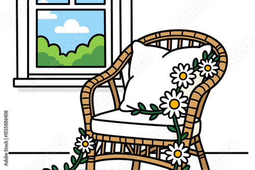 Wicker Chair with Daisy Garland Illustration, Interior Design with Window View of Green Landscape