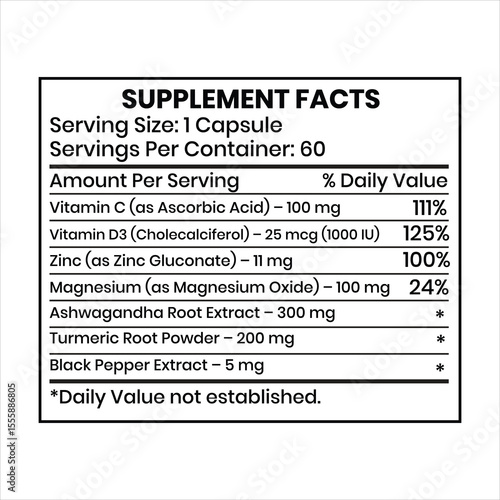 Supplement facts, Nutrition facts, supplement and vitamins.