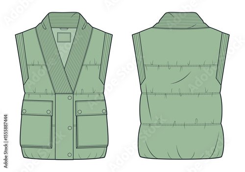 Puffer Vest with Flap Pocket Technical Fashion Illustration. Sleeveless Jacket fashion flat technical drawing template, button, quilted, front, back view, sage green, women, men, unisex CAD mockup.