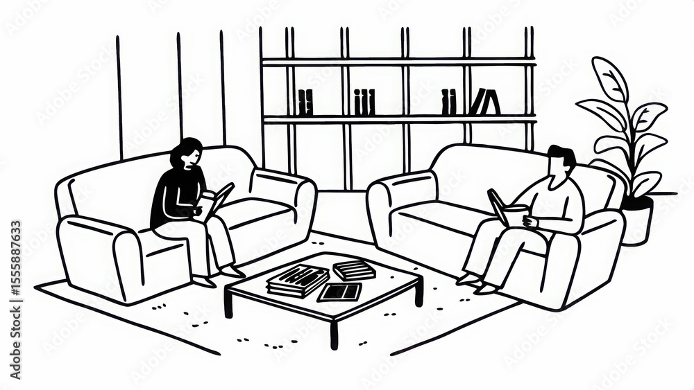 Fototapeta premium Stylish Black and White Illustration: Two People Relaxing on Couches in a Modern Living Room with Books and Magazines, Peaceful and Serene Atmosphere, Minimalist Line Art Design.