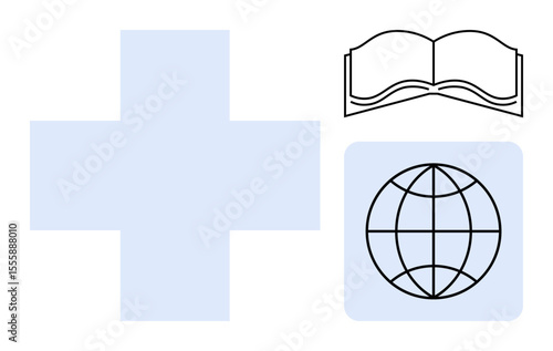 Cross, open book, and globe emphasizing health, education, and global connectivity. Ideal for health services, education, global collaboration non-profit charity outreach and connectivity. Simple