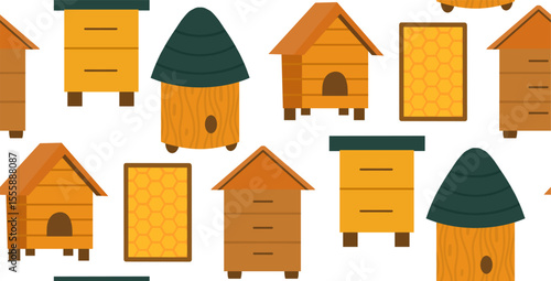 Vector beekeeping seamless pattern. Texture with houses for bees, apiaries, beehive, honeycombs in frames on white background