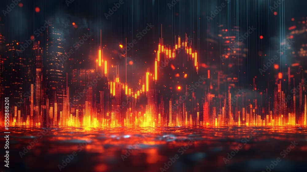 Fototapeta premium Fiery Cityscape 3D Illustration: Digital Candlestick Chart Background