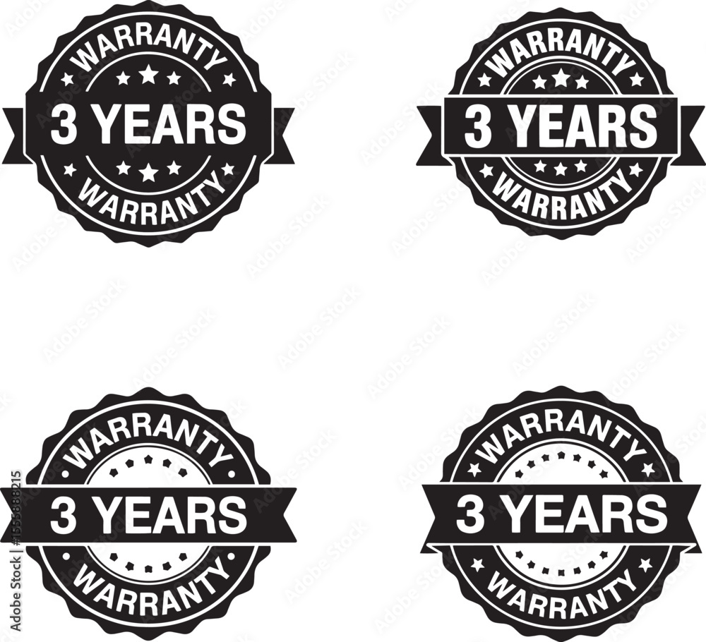 Fototapeta premium Collection of four black and white 3 years warranty badges with stars and ribbons
