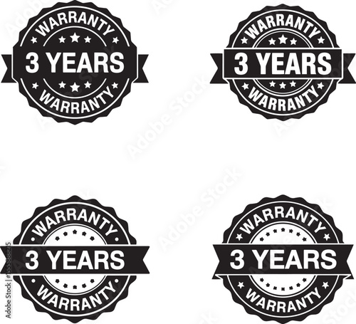 Collection of four black and white 3 years warranty badges with stars and ribbons