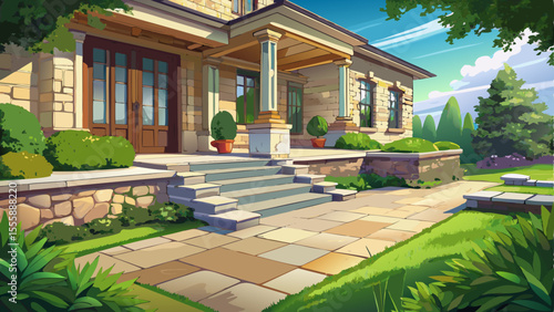 Flagstone applied over the original concrete veranda, natural stone steps, and a paver walkway together create a beautiful and fresh landscape update for this stately home