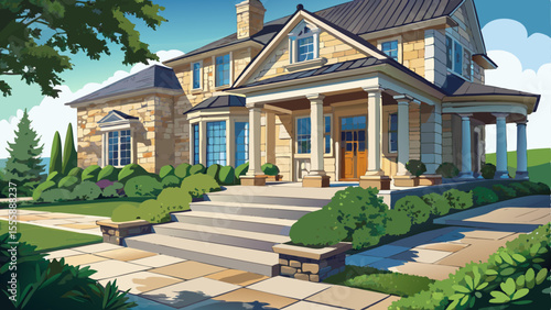 Flagstone applied over the original concrete veranda, natural stone steps, and a paver walkway together create a beautiful and fresh landscape update for this stately home