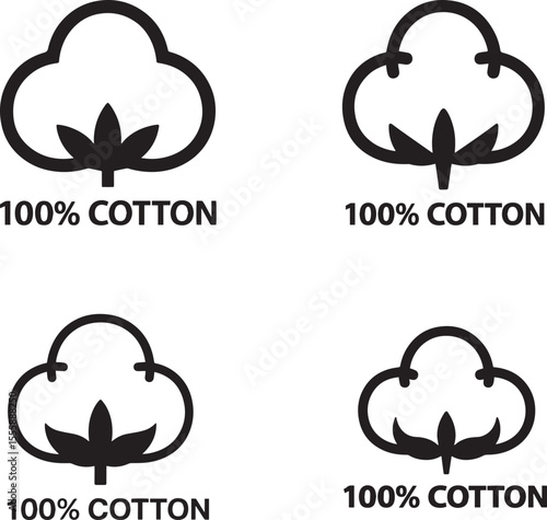 Four black and white icons symbolizing 100 cotton fabric quality