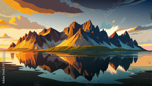 Beautiful landscape with the most breathtaking mountains of Vestrahorn on the Stokksnes Peninsula, reflected perfectly in the still mirror-like surface of a lake. Serene and exotic location