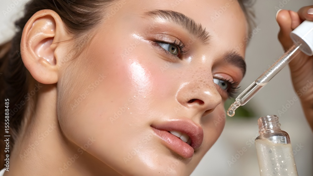 Radiant Beauty Close-up of a Stunning Beauty Model Applying Face Serum Radiant Beauty Close-up of a Stunning Beauty Model Applying Face Serum