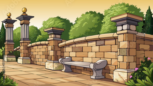 A seat wall with sturdy pillars and natural stone coping elegantly defines a tumbled paver driveway. This landscaping feature adds both functionality and aesthetic appeal