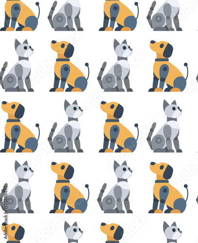 Vector seamless pattern with mechanical pets. Texture with robot dogs and robot cats on white background. Animals of the future