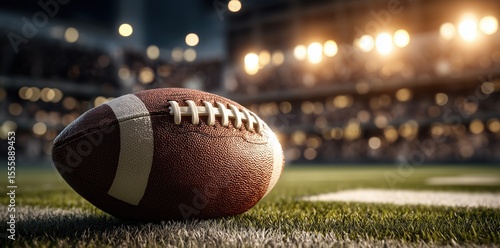 Close-Up of American Football on Stadium Field Under Bright Lights, Ready for Game Kickoff