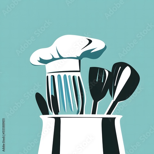 Fototapeta Naklejka Na Ścianę i Meble -  A chef's hat and kitchen utensils in a white container against a light blue background illustration