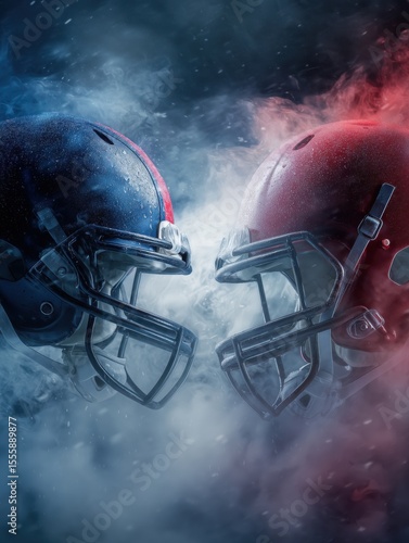 Red and Blue American Football Helmets Facing Off with Dramatic Smoke and Lighting in Background