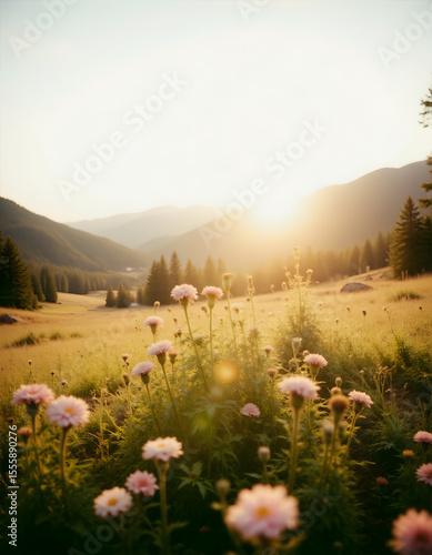 Wildflowers in a Sunny Mountain Meadow at Golden Hour