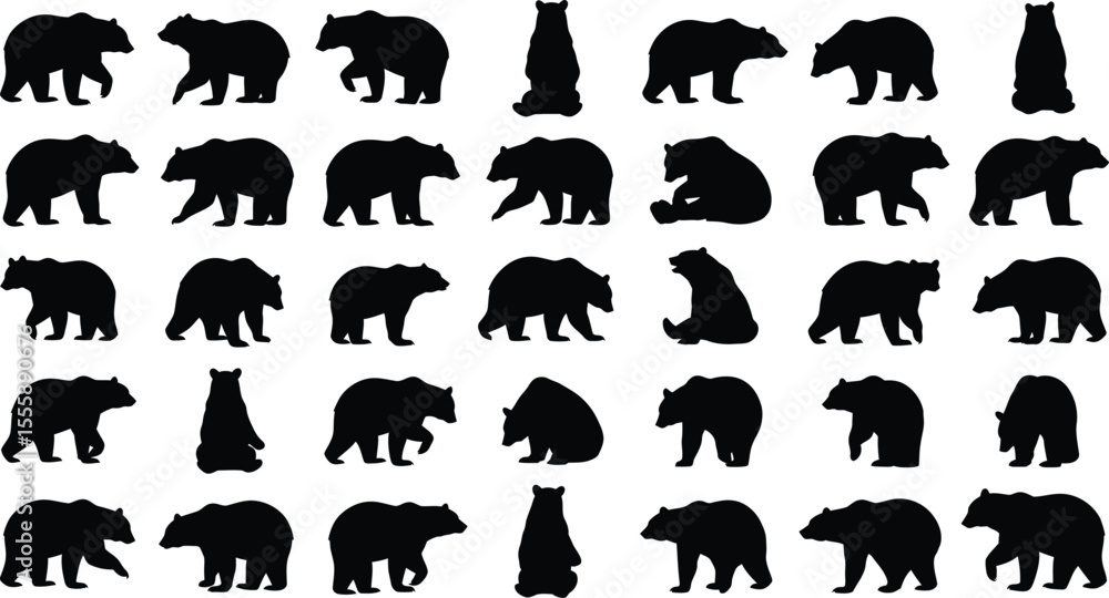 Fototapeta premium Bear Silhouettes Grid: Diverse Black Bear Poses Pattern