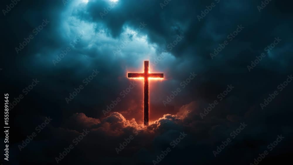 Glowing cross illuminated by fiery light surrounded by dark stormy clouds with dramatic lighting in sky creating powerful spiritual and religious atmosphere evoking hope and mystery Glowing cross illuminated by fiery light surrounded by dark stormy clouds with dramatic lighting in sky creating powerful spiritual and religious atmosphere evoking hope and mystery