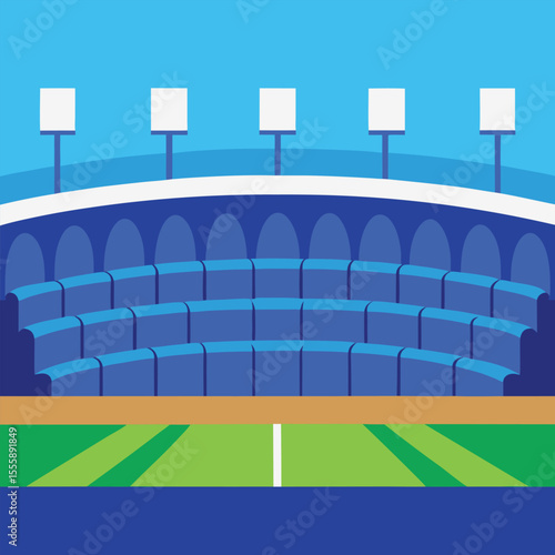 Arena's Structure: A depiction of the interior of a stadium, with a design that emphasizes its architectural structure, showcasing the seating arrangement and the vibrant color scheme of the venue.