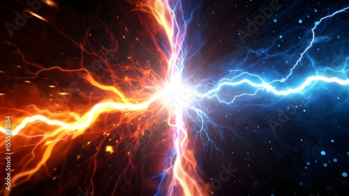 Fiery orange and electric blue lightning bolts collide in a powerful cosmic explosion