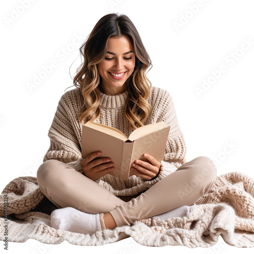 Happy Woman Holding a Warm Cup of Tea by Window, Wearing Cozy Sweater, isolated on a transparent background