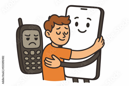 Cartoon boy hugging a smartphone while ignoring an old mobile phone, humorous technology concept