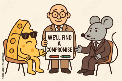 Cartoon cheese and mouse negotiating with a mediator holding a compromise sign, humorous concept