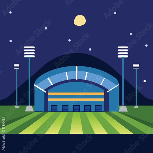 Nighttime Stadium: A graphic illustration of a grand stadium, bathed in the cool glow of stadium lights under a starlit night sky, the lush green field is the heart of action.