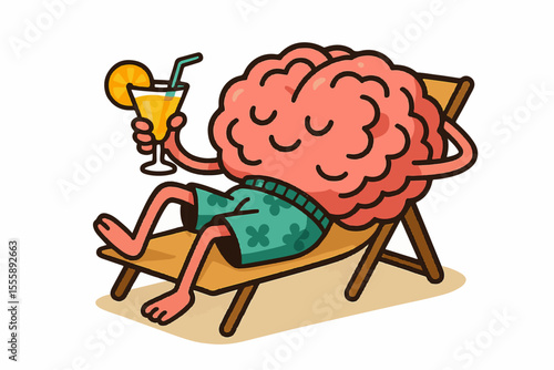 Cartoon brain enjoying a drink relaxed on a beach chair, tropical background with a concept, humorous concept